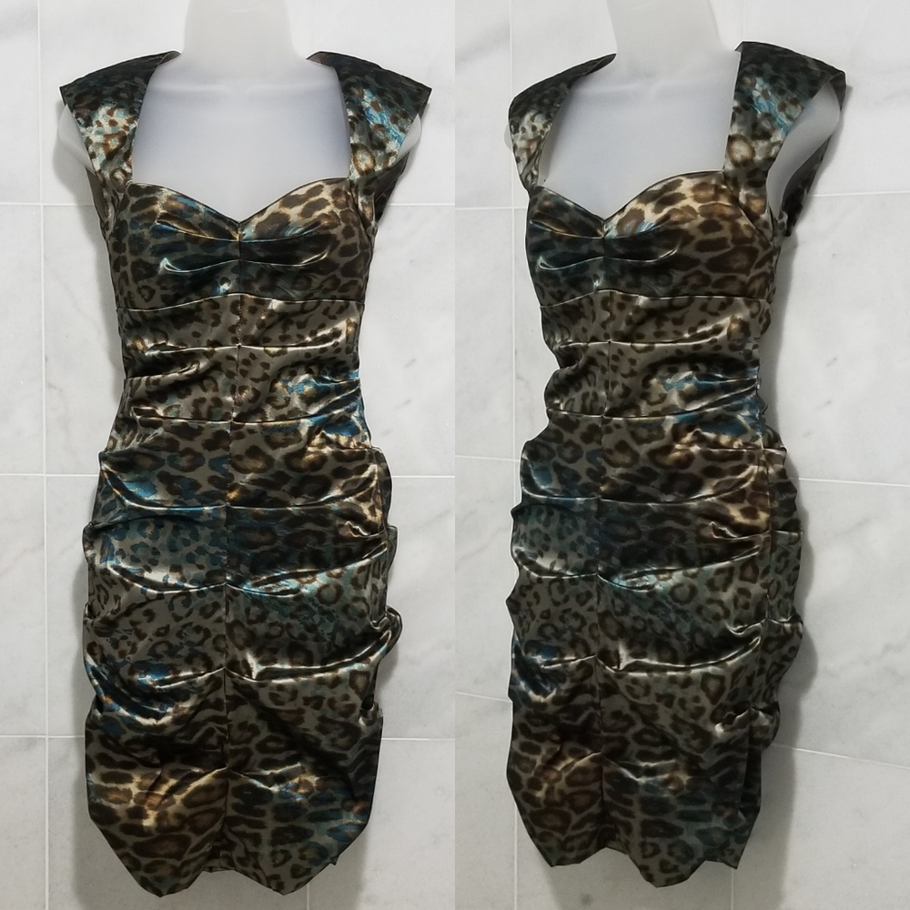 Nicole Miller Leopard Iridescent Sweetheart Neck Dress Ruched 4